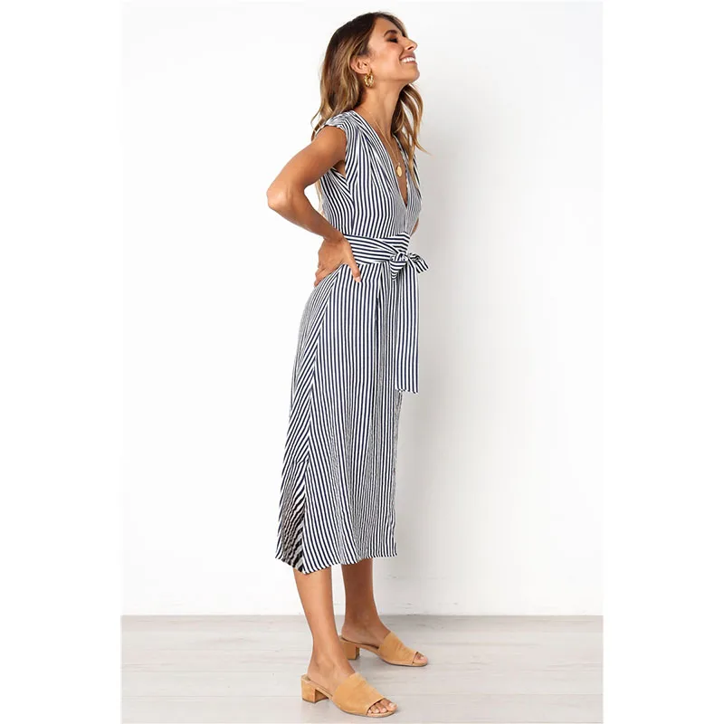 Для женщин сексуальный v образный вырез Полосатое платье миди 2019 модные Высокая