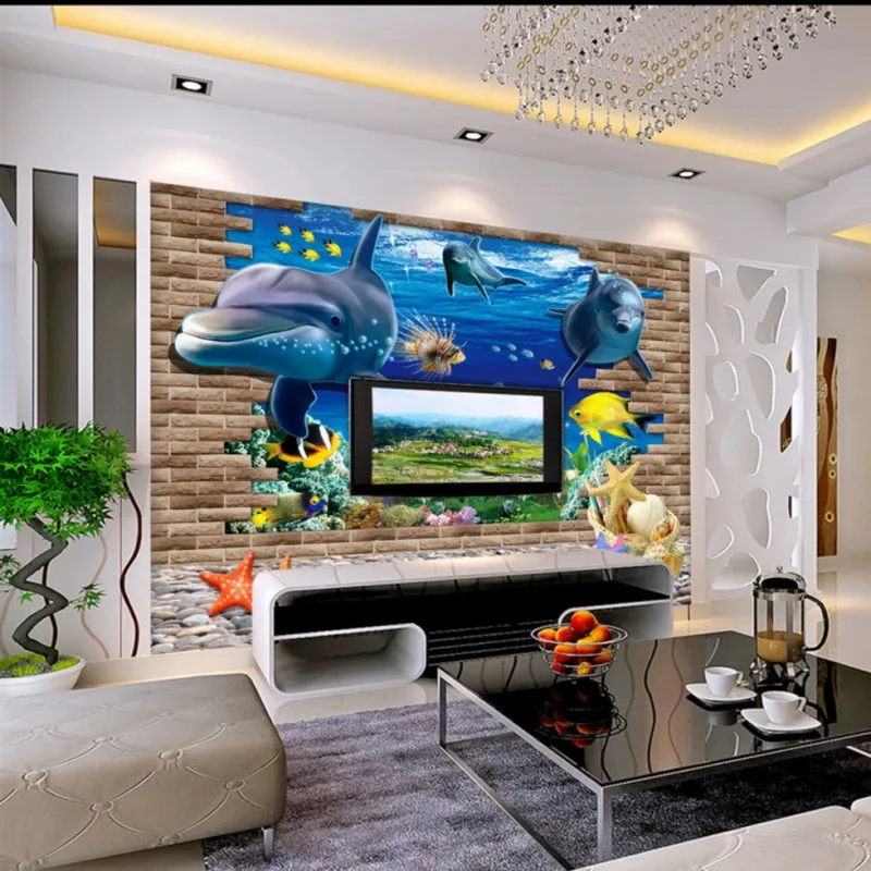 Пользовательские фото обои 3D стерео Приморский мир фрески с дельфинами ТВ фон