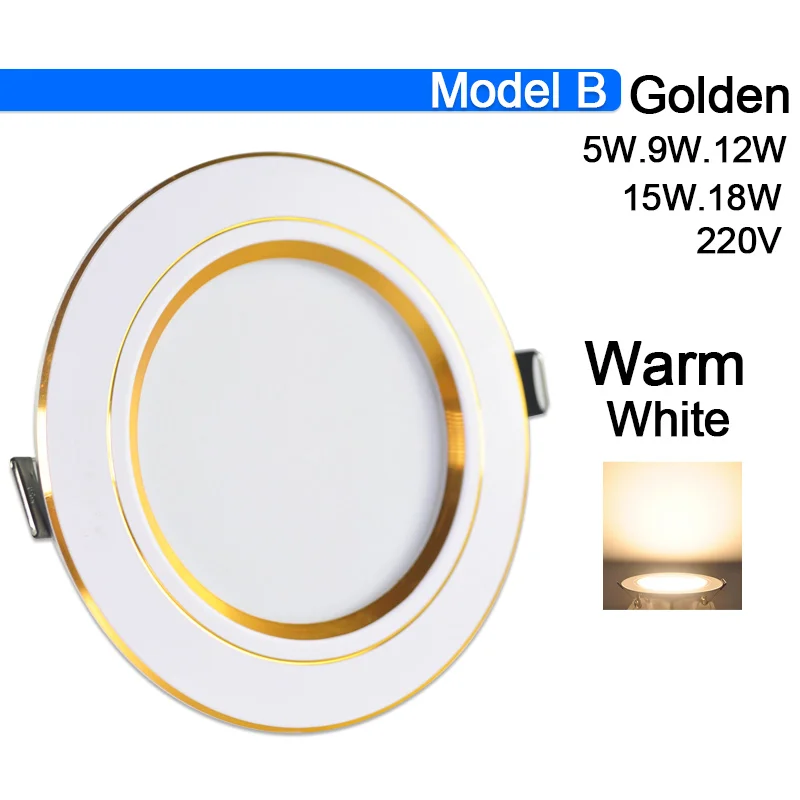 Model B Warm White Светодиодный светильник 3 Вт 5 Вт 9 Вт 12 Вт 15 Вт 18 Вт потолочный светильник AC 220 В 240 в ультра тонкий золото, серебро, Алюминий Круглый Встраиваемый светодиодный точечный светильник - Испускаемый цвет: Model B Warm White