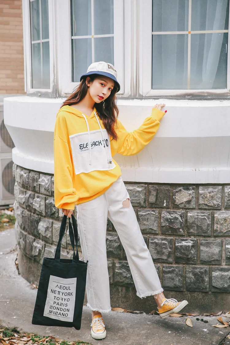 Для женщин Толстовка Harajuku толстые Ulzzang повседневное Свободные Письмо мозаичные