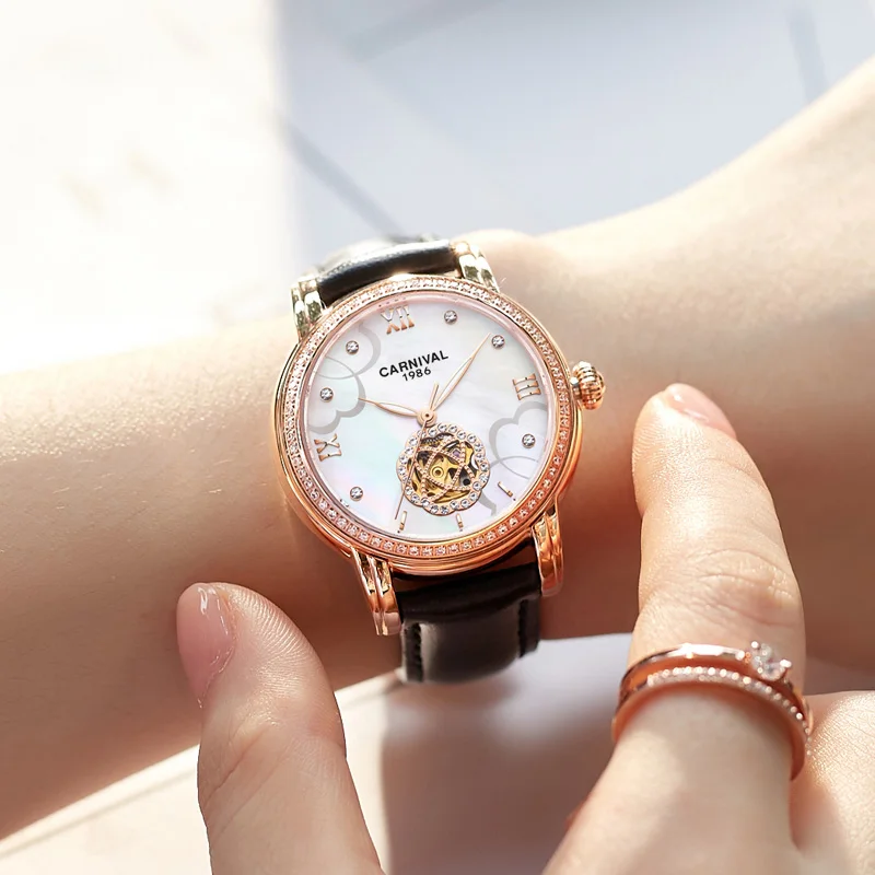 Фото 33mm 2017 New CARNIVAL Skeleton Mechanical Automatic Watch Wristwatch For Women With Red Leather Strap relogio feminino 2017 №5