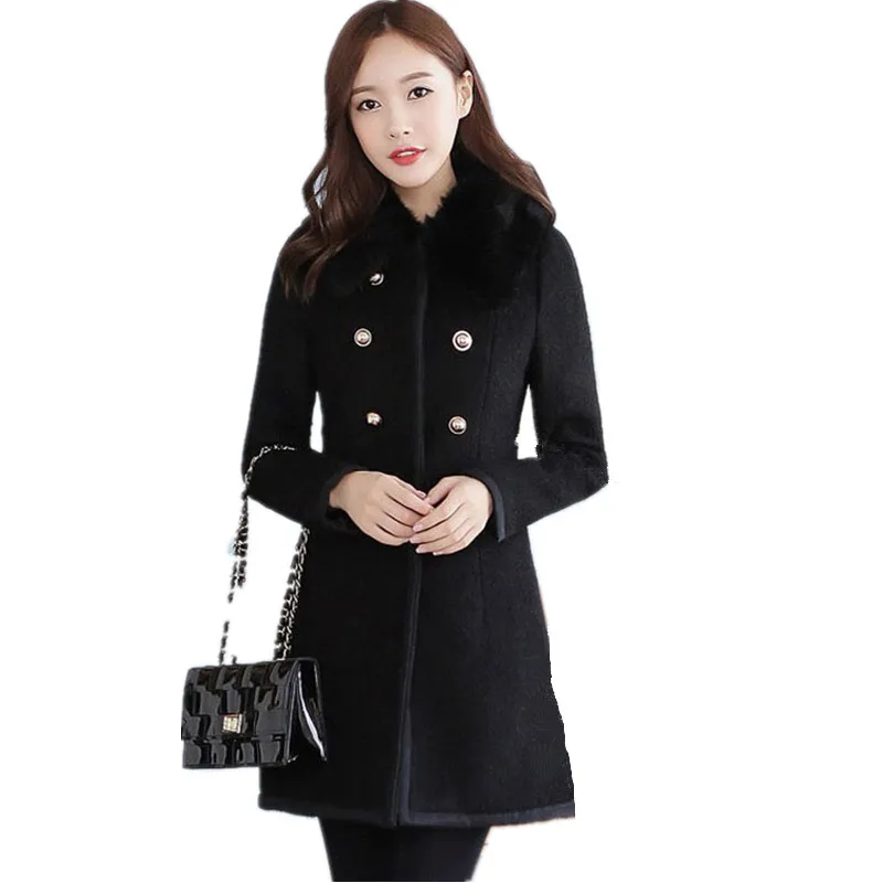 

Autumn Winter Woolen Trench Lady Wool Blend Warm Long Jacket Outerwear Fur Collar Cashmere Coats Women