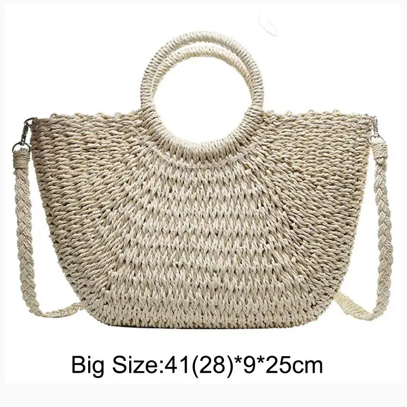 Big Beige Соломенные сумки для женщин, летние пляжные сумки, винтажные повседневные женские сумки через плечо, вместительные сумки-тоут, сумки овальной формы - Цвет: Big Beige