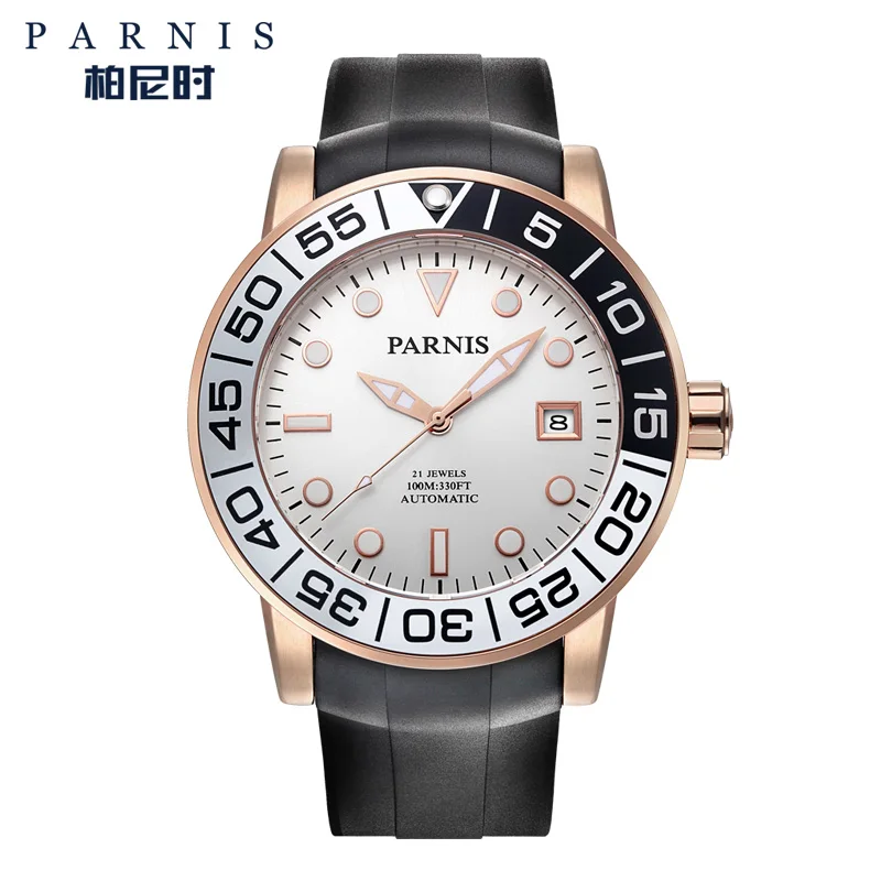 rose gold dial black PARNIS, повседневные автоматические мужские часы, Relojes Hombre,, сапфировое стекло, резина, светящиеся, авто-дата, механические часы, мужские часы - Цвет: rose gold dial black