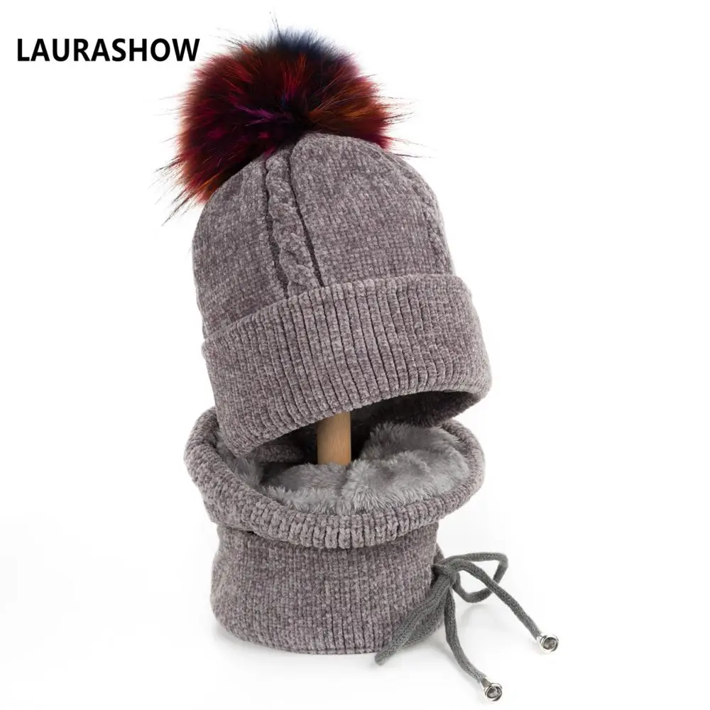 as picture Lavashow 1 комплект для взрослых зимняя шапка с шарфом 15-16 см мяч из натурального меха енота помпоны шапка вязаная шапка Skullies женские шапочки - Цвет: as picture