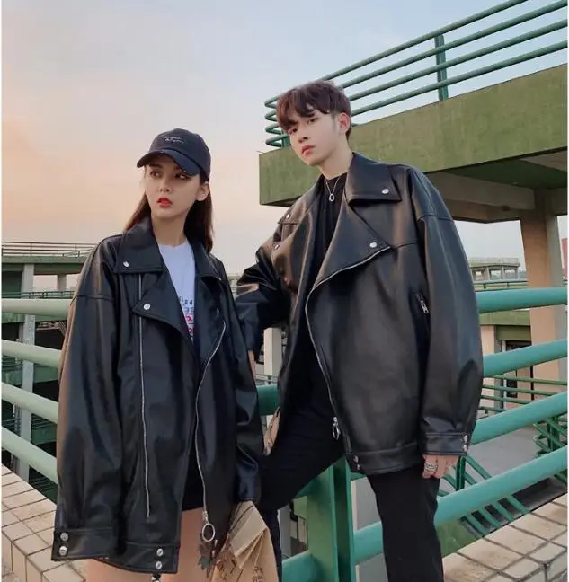 Jacket leather S-XL!Spring and autumn new men's lapel zipper motorcycle leather jacket hip hop couple loose shoulder jacket - Цвет: Jacket leather