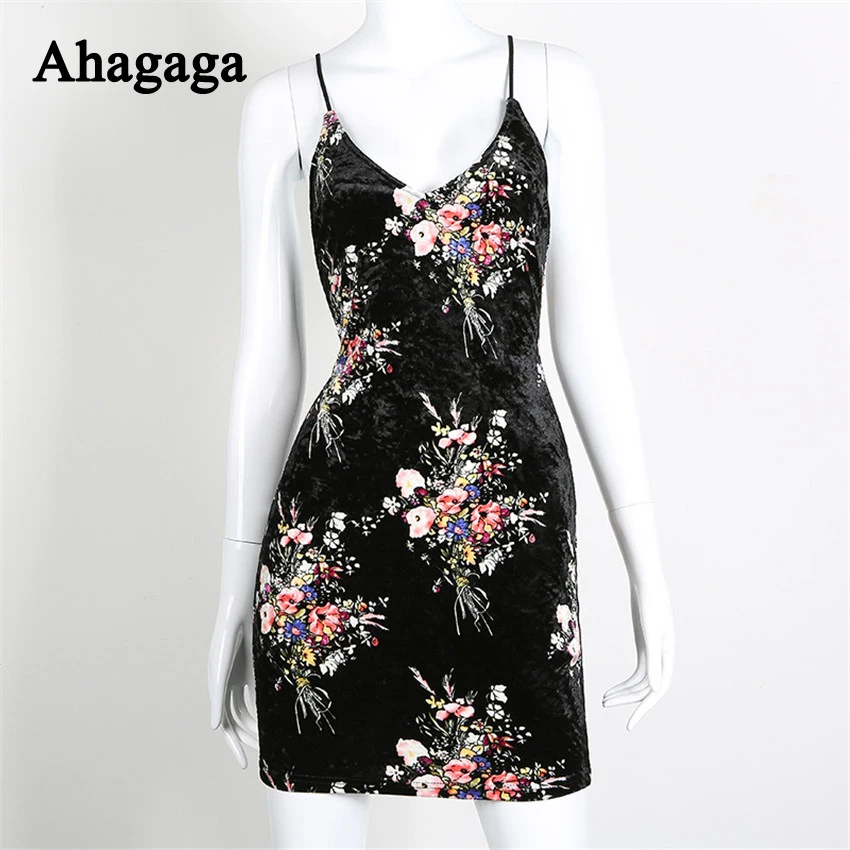 Ahagaga 2017 Spring Summer Sexy Club Dress Women Fashion Flower Print Hollow out V-neck sexy Slim Sheath Dresses | Женская одежда