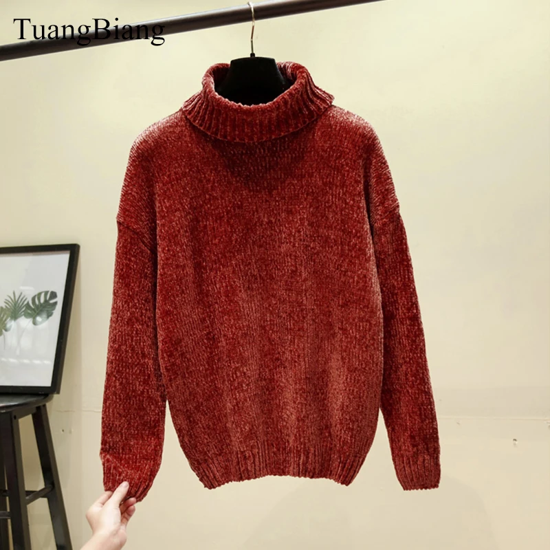Chic Vintage Chenille Cashmere Womens Full sleeve Gold Velvet Sweaters Winter Ladies Solid Turtleneck Loose Female jumpers 2020 | Женская