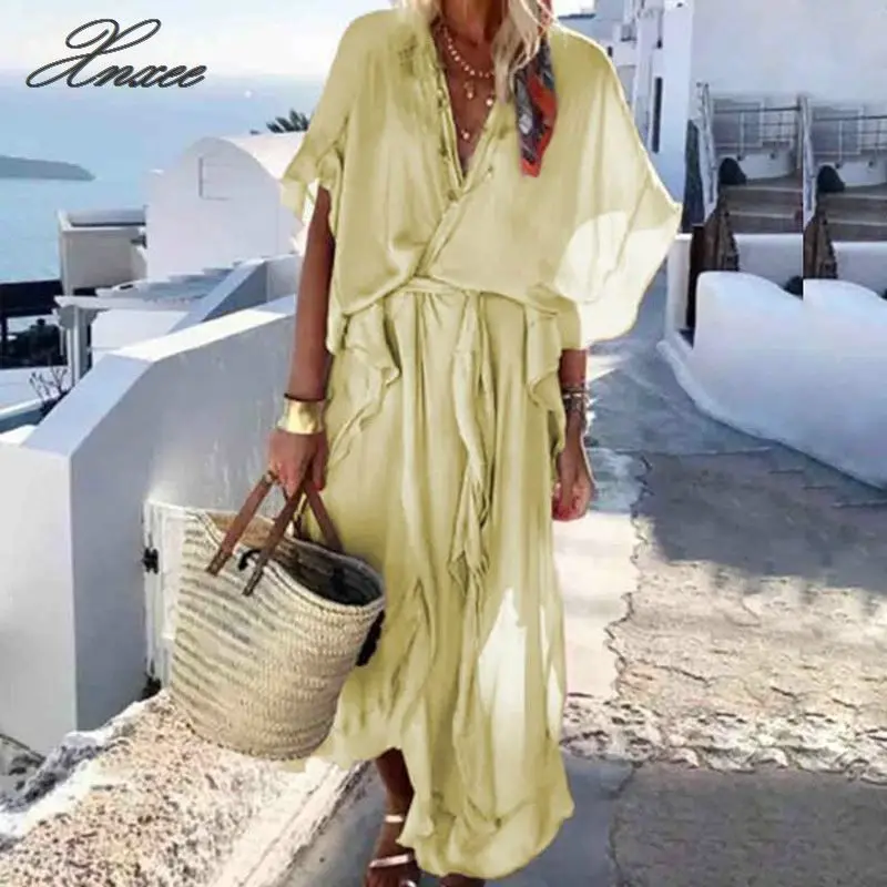 

Lady Sexy V-neck Ruffle Long Dress Women Casual Short Sleeve Solid Plus Size Party Dress Summer Loose Beach Holiday Dress Female