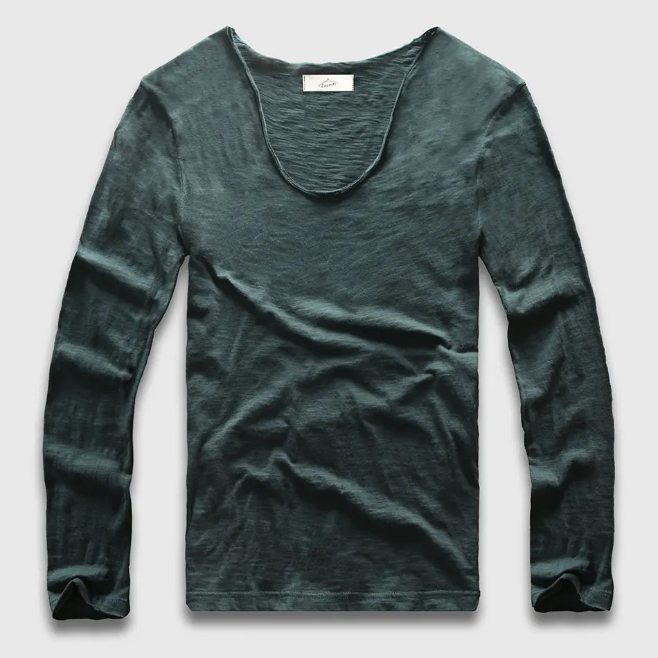 Dark Green 20 цветов, v-образный вырез, футболка с длинным рукавом для мужчин, хлопковая футболка, Мужская облегающая футболка, повседневные свободные футболки - Цвет: Dark Green