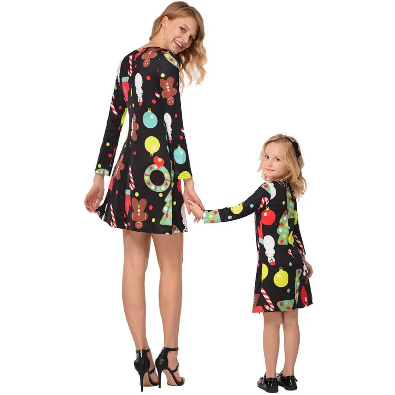 Мода весна осень Наборы для семьи платье мамы и дочки с длинными рукавами круглым