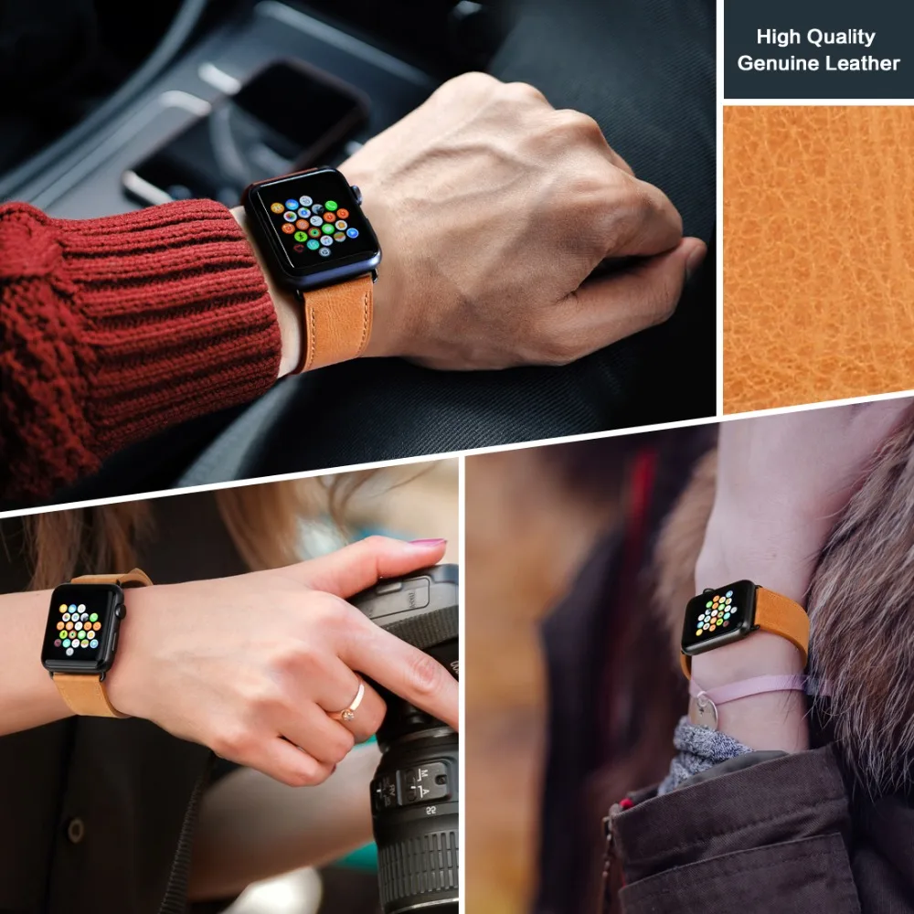 Ремешок для часов MAIKES из натуральной кожи браслет Apple Watch Series SE 6 5 4 3 2 iWatch Band 42 мм 38 44