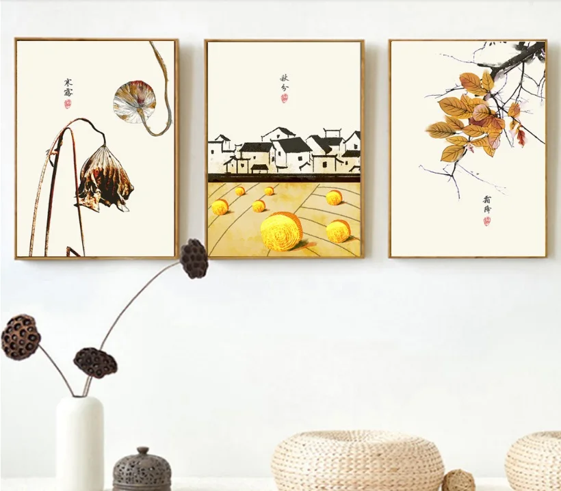 

New Chinese Simple Folk Customs Decorative Painting Modular Picture Wall Art Canvas Painting for Living Room Unframed