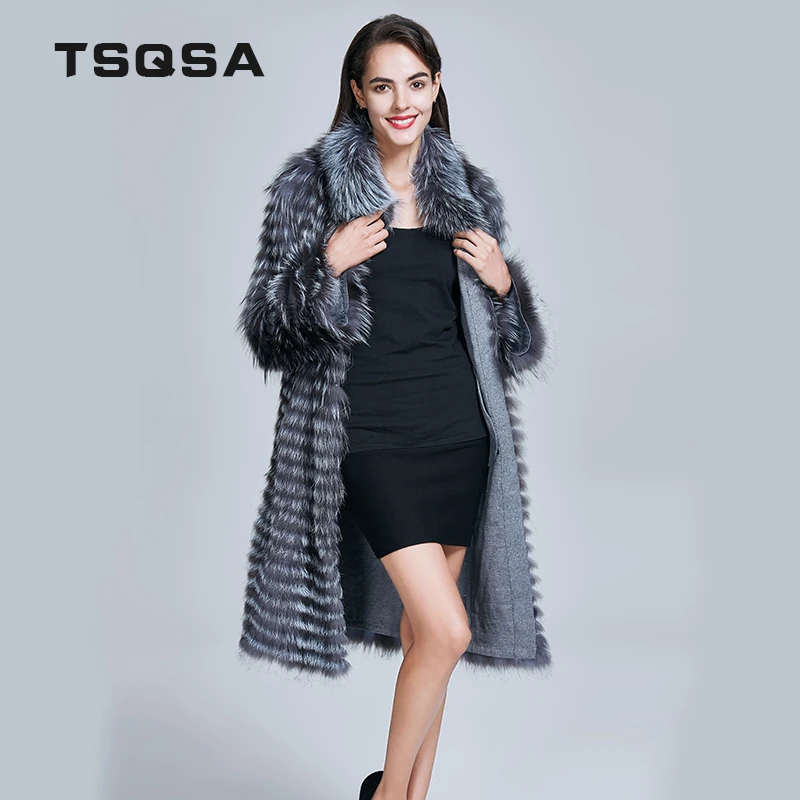 TSQSA Настоящее Silver Fox Шубы Женщин Длинный Тонкий Зима Натуральная Меховая Куртка