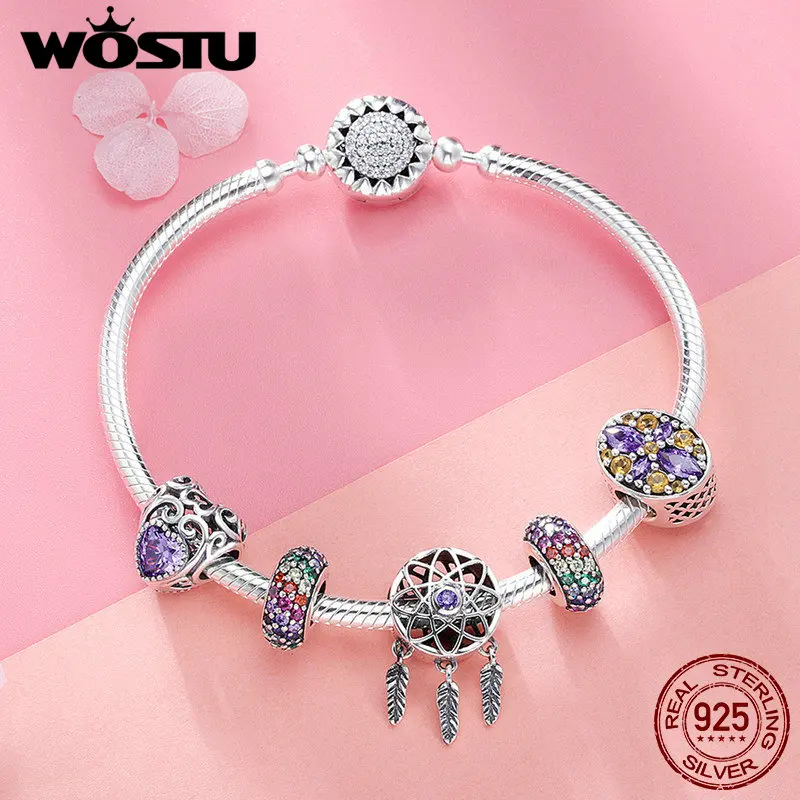 WOSTU высокое качество 925 пробы Серебряный Ловец снов Красочные CZ браслет для женщин Роскошные S925 ювелирные изделия подарок BKB809