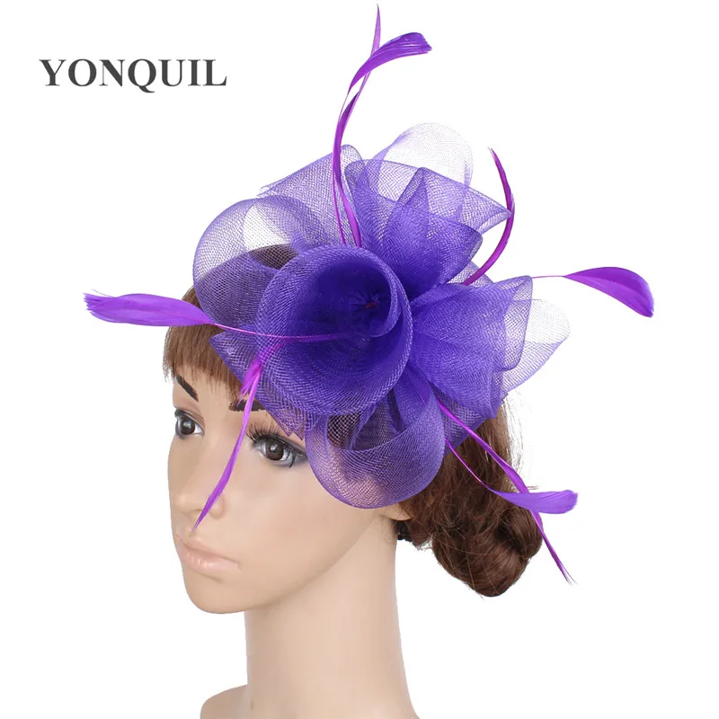 

Flower Feather Fascinator Hats Elegant Ladies Headwear Good Quality Bridal Hats For Purple Wedding Party Headpieces MYQ037