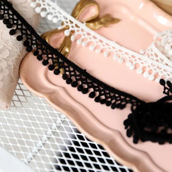 10 метров дешево украшенный бежевый черный помпон шарик хлопковое кружево