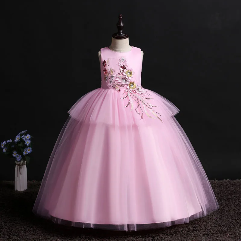 

U-SWEAR 2020 New Arrival Kid Flower Girl Dresses O-neck 5 Colors Sleeveless Floral Embroidery Chiffon Ball Gown Pageant Dresses