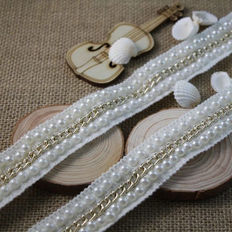 

Handmade metal chain metallic lace trim pearl ribbon for dress 2.8CM -YC