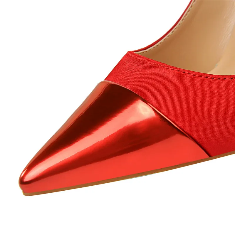 Women Shoes Pointed Toe Pumps Satin splice Pointed 10CM thin High Heels Boat Wedding Dress Office Shoes