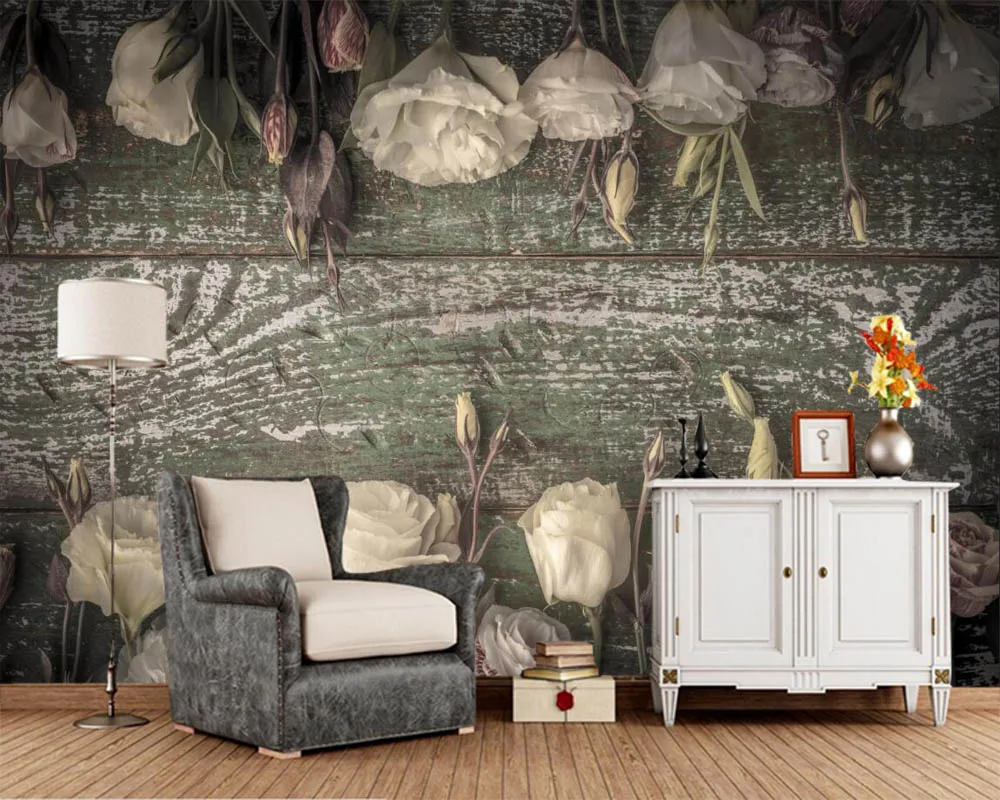 

Papel de pared Wood planks Flowers photo Boards 3d wallpaper,living room sofa TV wall bedroom wall papers home decor bar mural