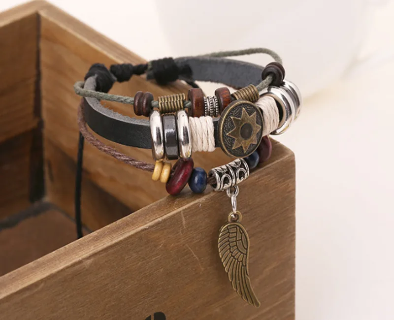 SH-5 Angel Wings Pendants Leather Bracelets Multilayer Beaded Fashion Summer Gifts For Friends Burst Models | Украшения и