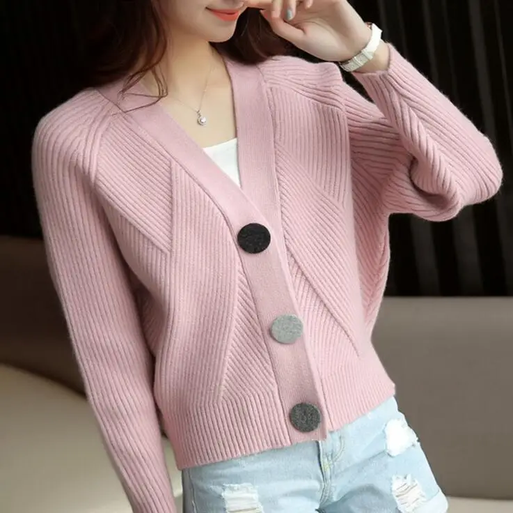 

2022 Women Cardigans V- Neck Lady Sweater Long Sleeve Casual Loose Knitted Tops