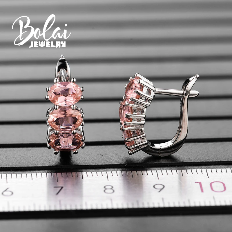 Bolai, серьги-гвоздики из морганита, 3 камня, Настоящее серебро 925 пробы, драгоценный камень, хорошее ювелирное изделие, серьги-кольца для женщин, свадебный подарок