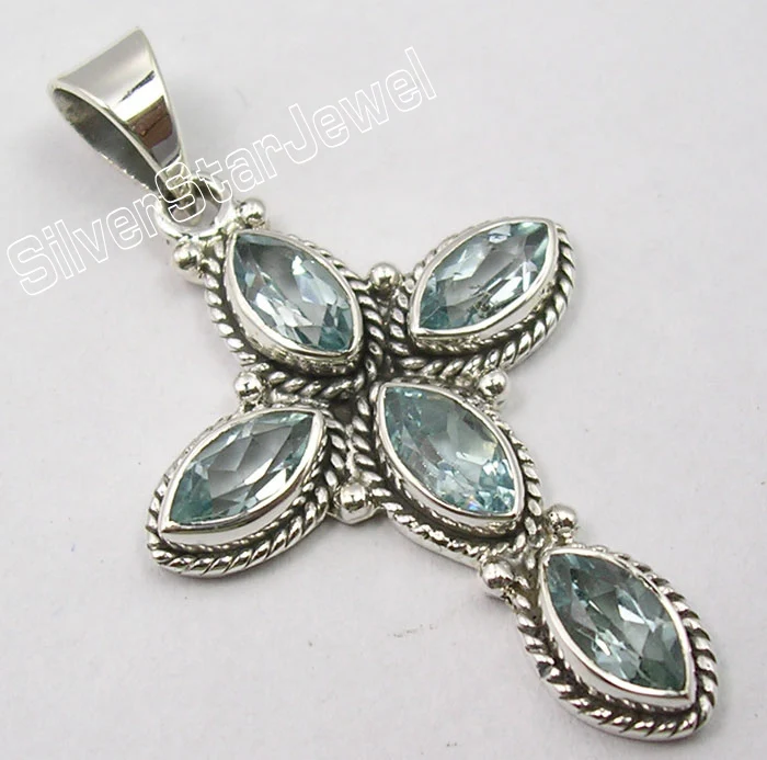 BLUE TOPAZ Muiltiple Choices Chanti Международный серебряный подлинный маркиз аметисты необычный длинный крест Кулон 4,4 см Varaition - Окраска металла: BLUE TOPAZ