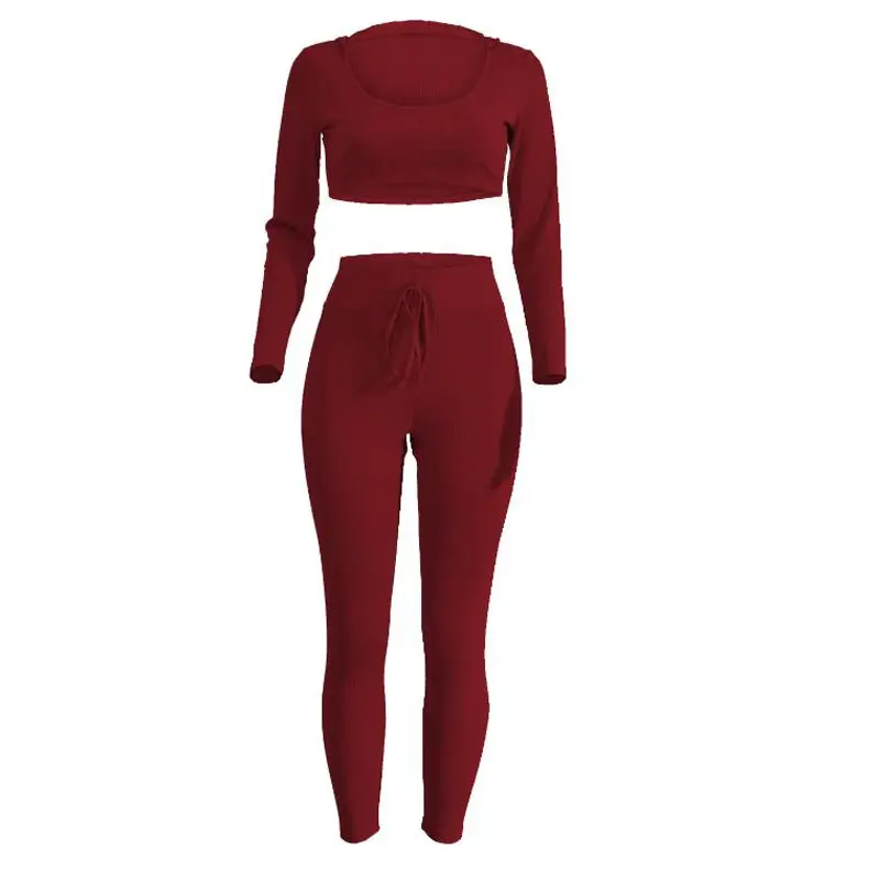 wine red Сексуальный женский трикотажный сексуальный комплект для фитнеса, однотонный тонкий спортивный комплект для занятий спортом, тренировки, бега, фитнеса, футболки, леггинсы, костюм, спортивные костюмы для йоги - Цвет: wine red
