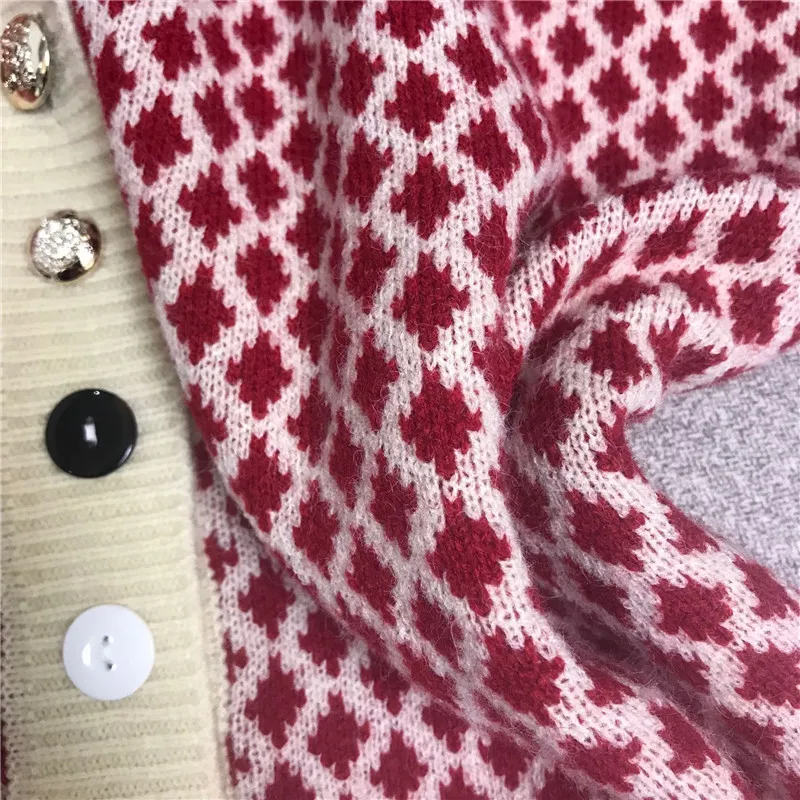 Luxury Designer Brand Knitted Sweater for Women O Neck Vintage Diamond lattice Loose Cardigans 30% Wool |