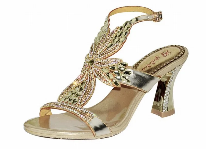 Новинка 2016 года модные босоножки на высоком толстом каблуке с кристаллами