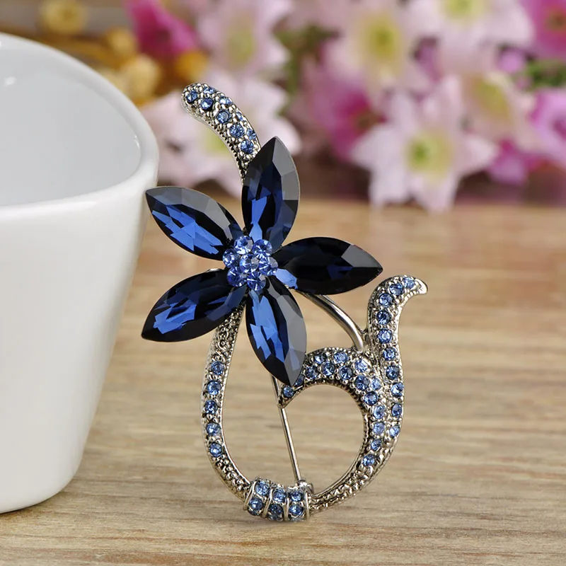 Синие стразы броши в виде цветка для женщин серебряный цвет кристалл винтажные
