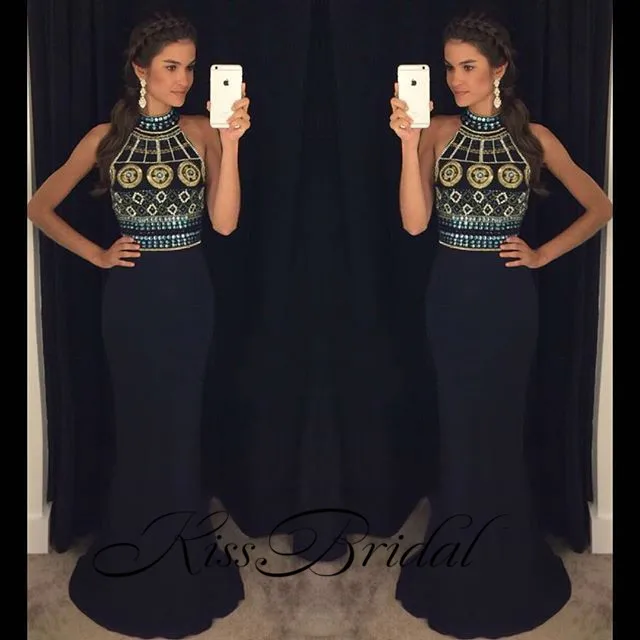 

New Arrival 2017 Spring Prom Dresses High Neck Sleeveless Floor Length Beading Chiffon Mermaid Long Evening Dress Vestido longo