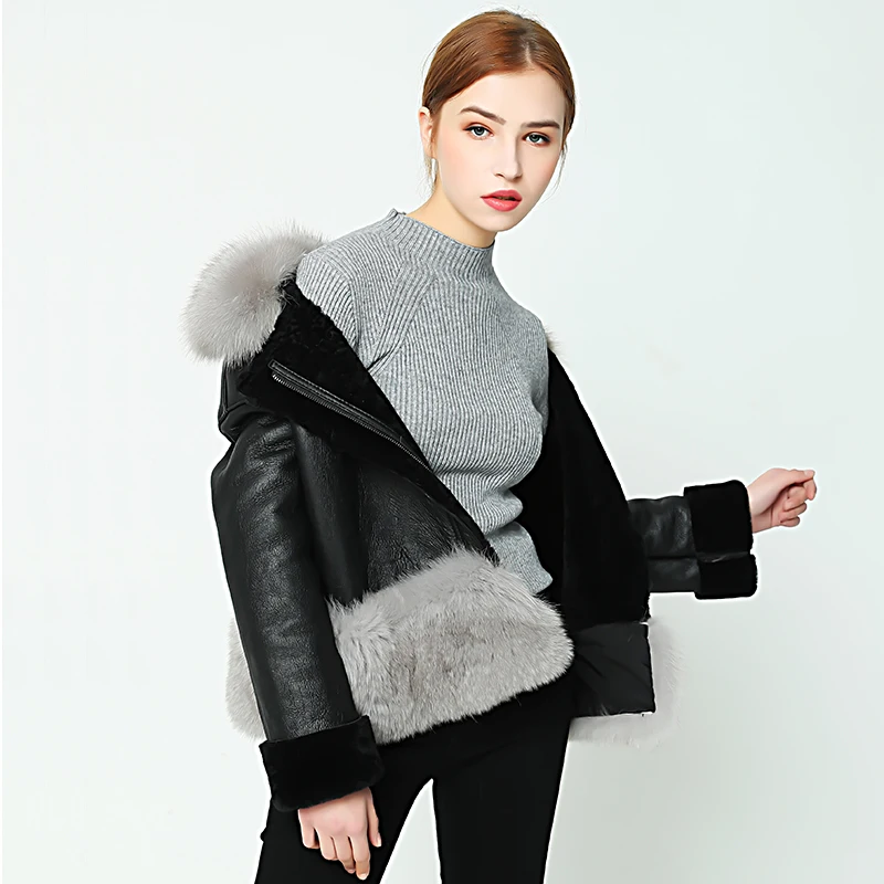 OFTBUY Новая повседневная зимняя куртка, пальто для женщин, двустороннее меховое пальто с воротником из лисьего меха, куртка из натуральной кожи, теплая подкладка из шерсти