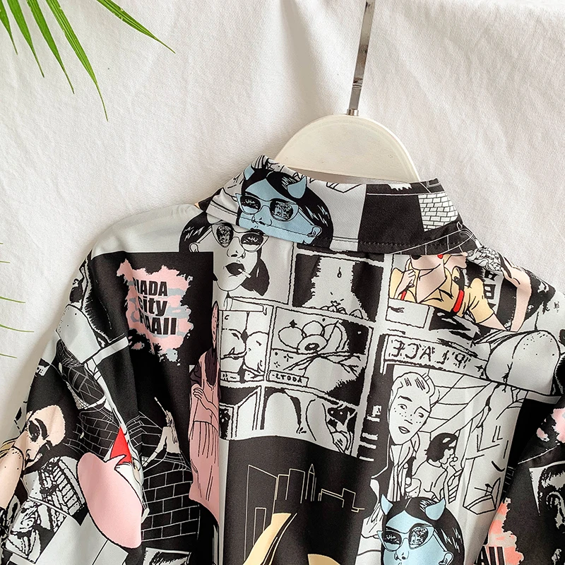 

Ins Harajuku shirt fashion abstract beauty cartoon print blouse stand collar long sleeve loose large size bf graffiti shirts