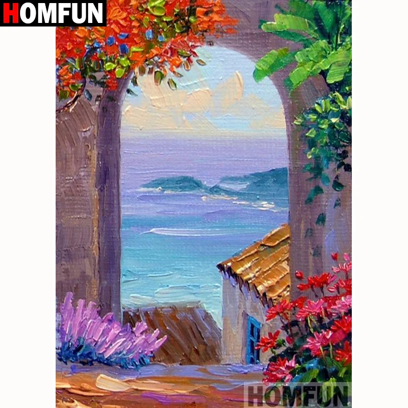 

HOMFUN Full Square/Round Drill 5D DIY Diamond Painting "Door flower scenery" Embroidery Cross Stitch 5D Home Decor Gift A18337