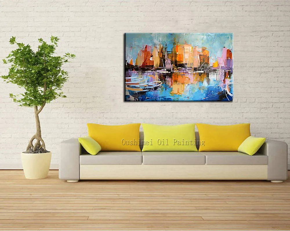 Картина с ножом ручная роспись абстрактное здание морем картина маслом на холсте