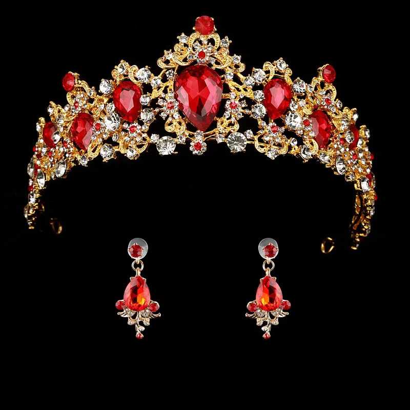 red Большие стразы, свадебная корона, свадебные диадемы, Корона невесты и серьги, повязка на голову, свадебные аксессуары, диадема, украшение для волос - Окраска металла: red