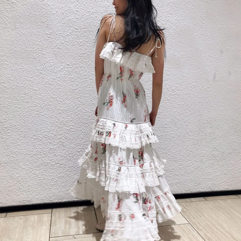 2019 Summer Runway Designer Woman Maxi Dress Off Shoulder Backless Cascading Ruffles Flower Print Spaghetti Strap Sexy | Женская одежда
