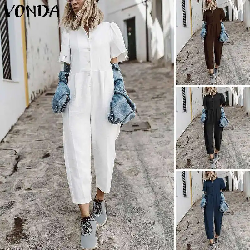 VONDA, женский комбинезон, короткий рукав, Повседневный, свободный, белый, черный, хлопок, Летний комбинезон размера плюс