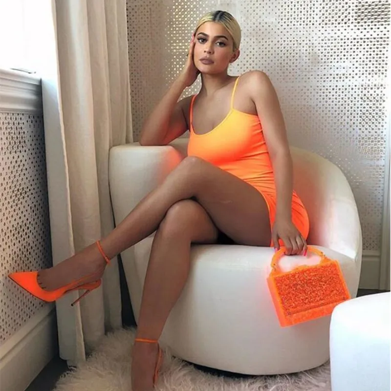 BOOFEENAA неоновое оранжевое зеленое мини облегающее платье для женщин Kyliejenner
