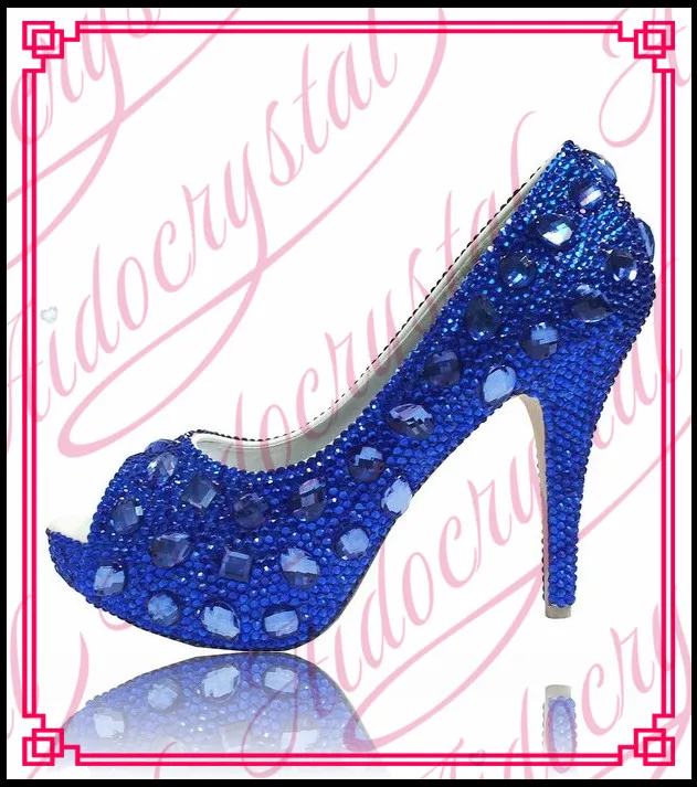 Aidocrystal высокое качество 2016 мода женщин royal blue peep toe насосы с полной камней для свадьбы бесплатная доставка|peep