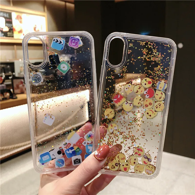 OBANGLE App Moji Liquid Glitter Quicksand Cover Case For iphone 6 6S 7 8 Plus X XR XS Max Cute Transparent Phone Back |