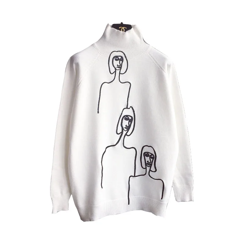 Зимний женский Свитер оверсайз в Корейском стиле уличная водолазка с вышивкой