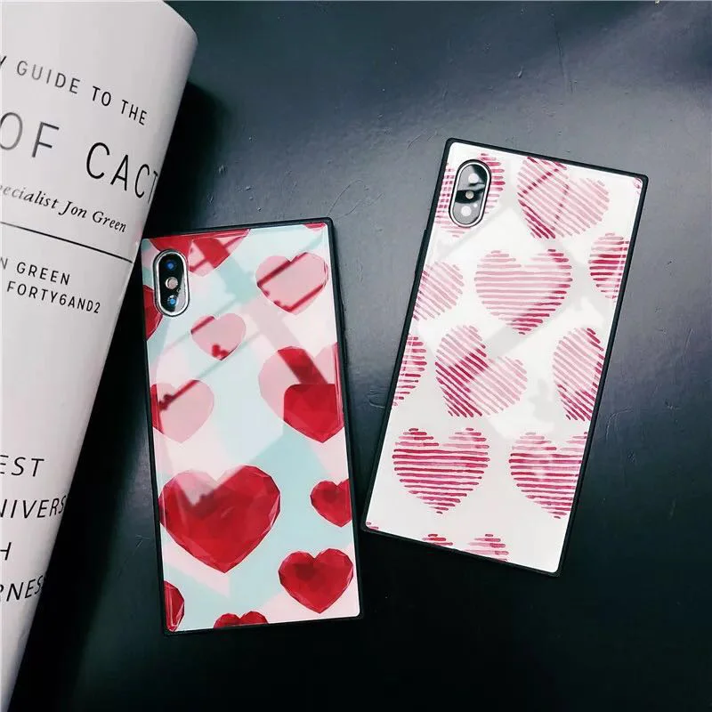 Red Love Heart Tempered Glass Phone Case For iphoneX 8 8plus Square Cover iphone6 6s 7 7plus | Мобильные телефоны и