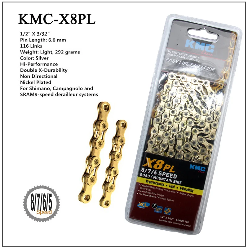 KMC X8 X9 X9sl X10 X10sl X11SL велосипедная цепь 9S 10S 11S золото для MTB/шоссейного велосипеда для Shimano/SRAM 8 9 10 11 скорость 116л/цепной велосипед