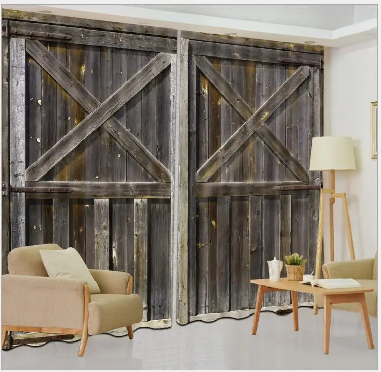 

kitchen Curtain embroidered Blackout 3D Window Curtains living room Bedroom Old wooden door Drapes Cortina Rideaux pillowcase