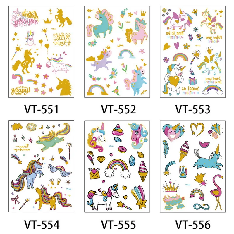 Стикер для татуировки в виде милого единорога Золотая вспышка цветная Радужная