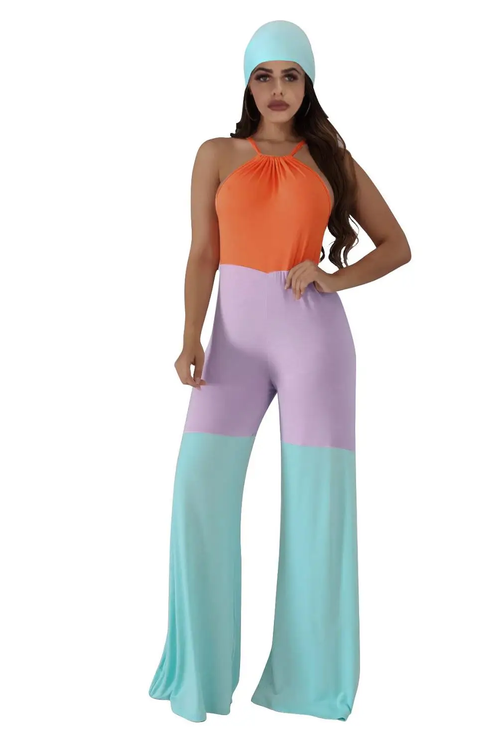 Женский Длинный комбинезон с лямкой на шее широкими штанинами|Женские